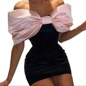Light pink polyester bow with navy blue velvet mini dress